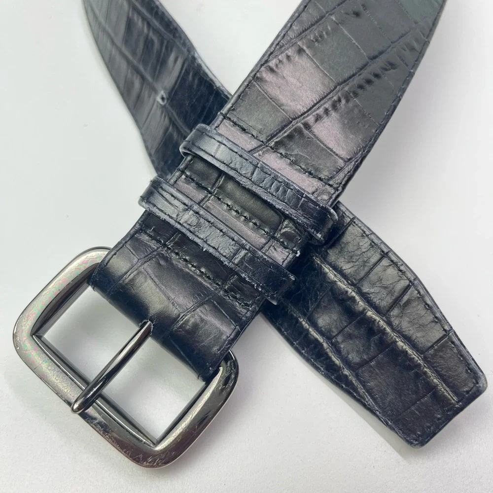 Suzi Roher Women's Black Stretch Embossed Leather Statement Chain Belt